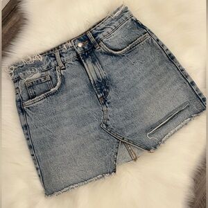 Zara | Distressed Light Wash Denim Mini Skirt, XS